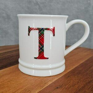 Mud Pie Monogram Mug T Initial Red Plaid Holiday White Ceramic Coffee Tea Cocoa
